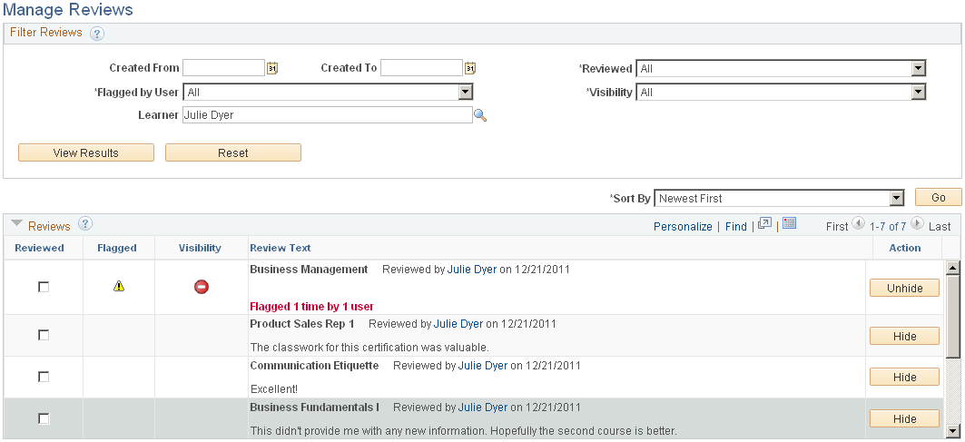Manage Reviews page