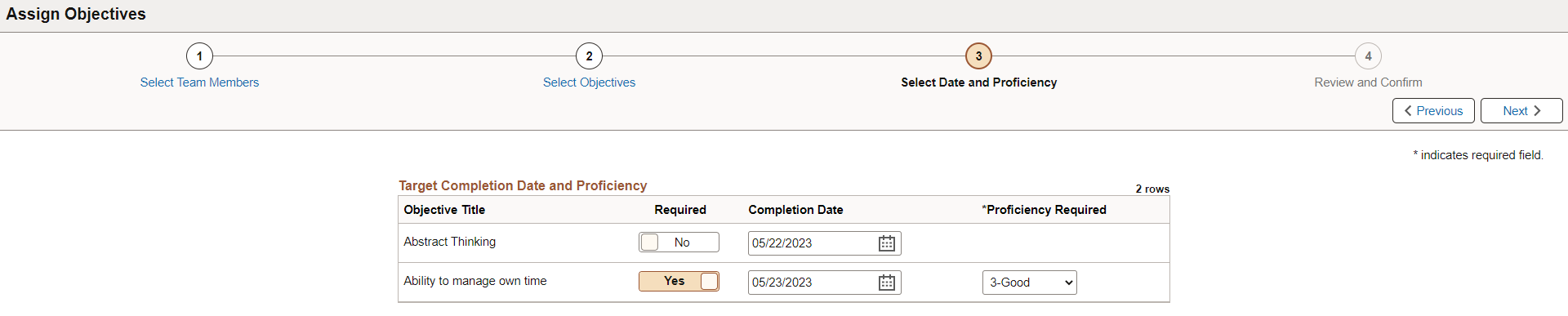 Select Date and Proficiency (Step 3 of 4 - Assign Objectives AG)