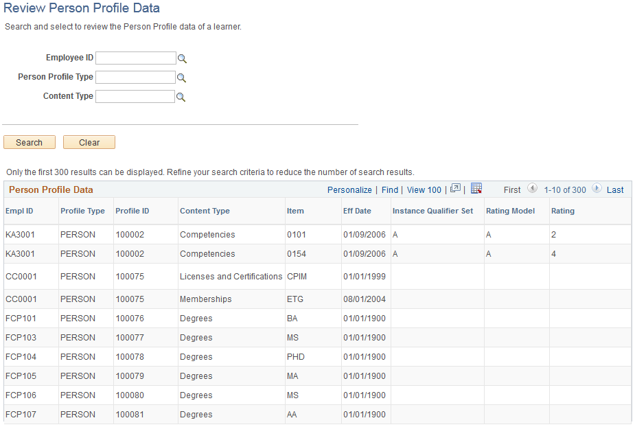 Review Person Profile Data page