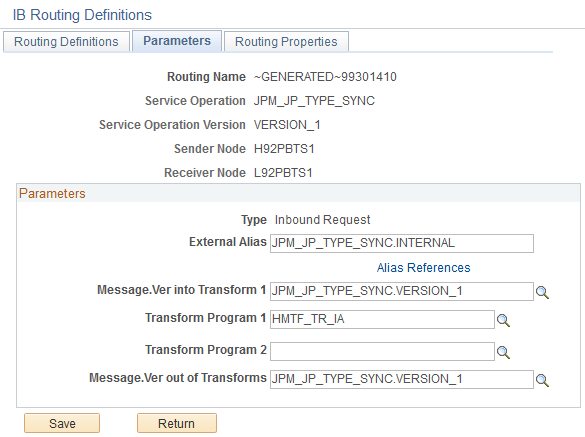 Parameters page for the JPM_JP_TYPE_SYNC inbound routing