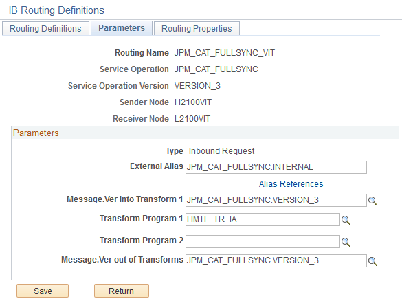 Parameters page for the JPM_CAT_FULLSYNC inbound routing