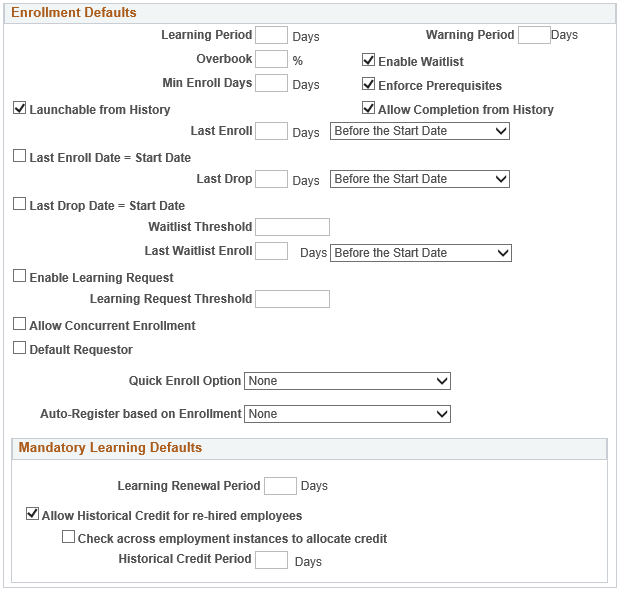 Learning Environments - Defaults page (2 of 3)