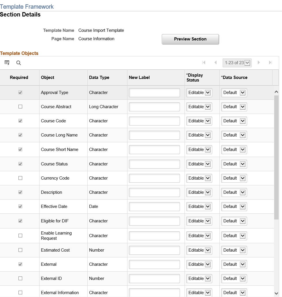 Template Framework - Section Details page