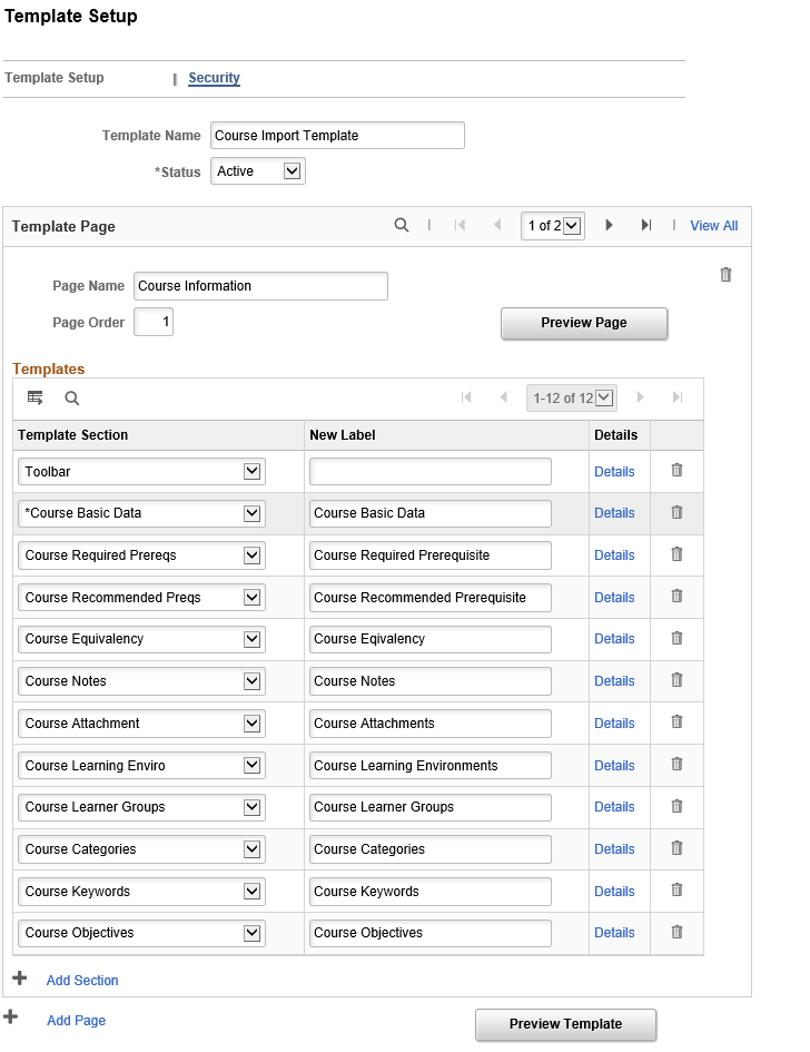 Template Setup page