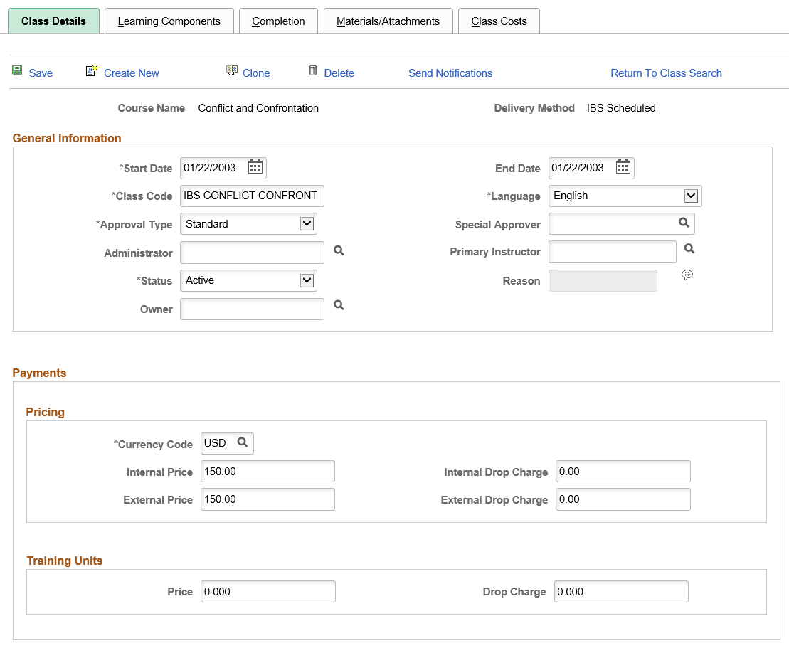 Maintain Classes - Class Details page (1 of 3)