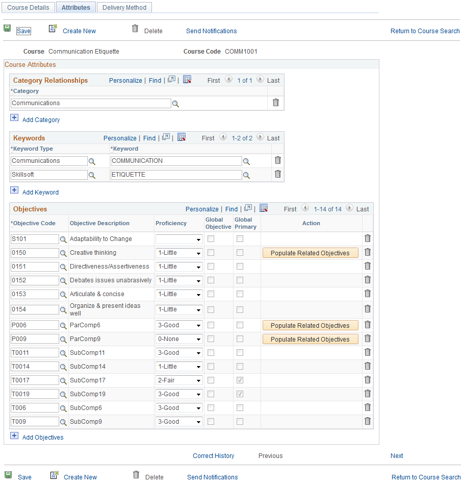 Maintain Courses - Attributes page