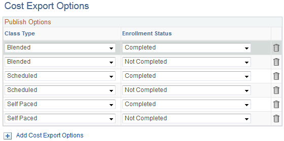 Cost Export Options page