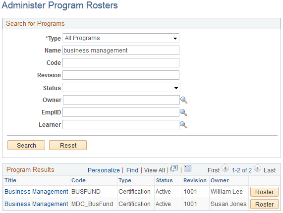 Administer Program Rosters page