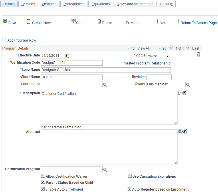 Maintain Programs - Details page (1 of 2)
