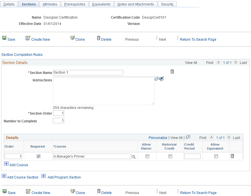 Maintain Programs - Sections page