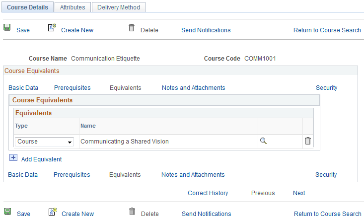 Course Details: Equivalents page