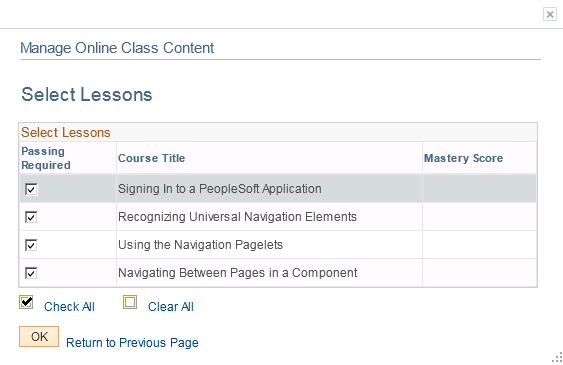 Select Lessons page