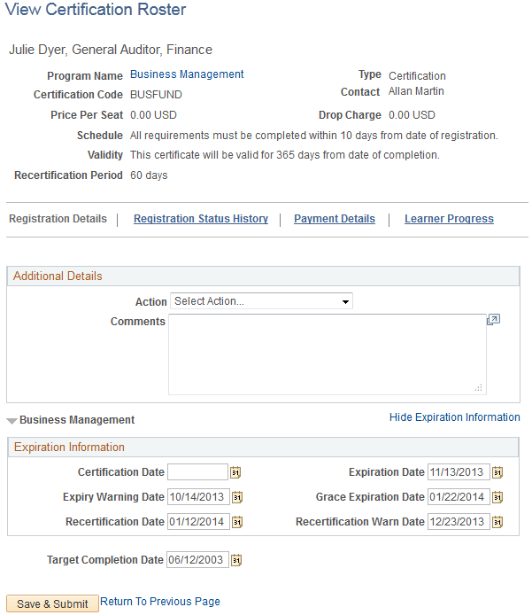 View Certification Roster (learner details) page
