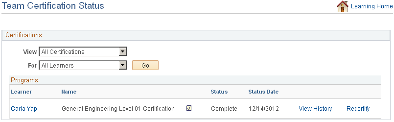 Team Certification Status page