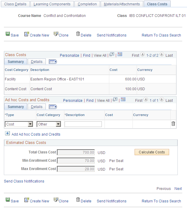 Maintain Classes - Class Costs page