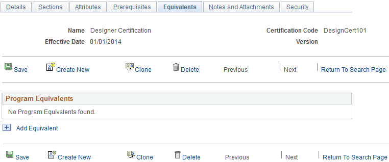 Maintain Programs - Equivalents page