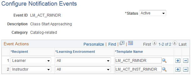 Configure Notification Events page