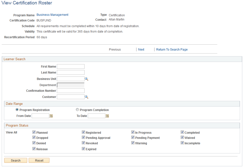 View Certification Roster page (1 of 2)