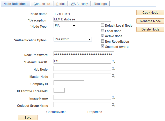Example of the Node Definitions page for the remote ELM node