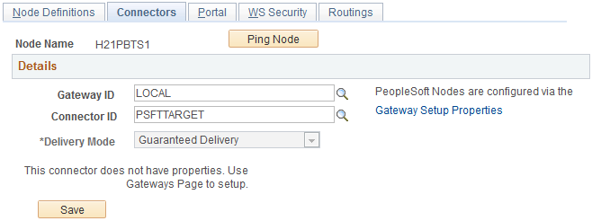 Example of the Connectors page for the local HCM node