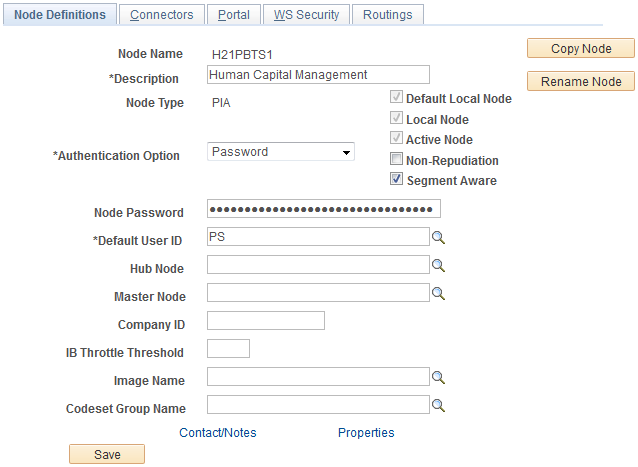 Example of the Nodes Definitions page for the local HCM node