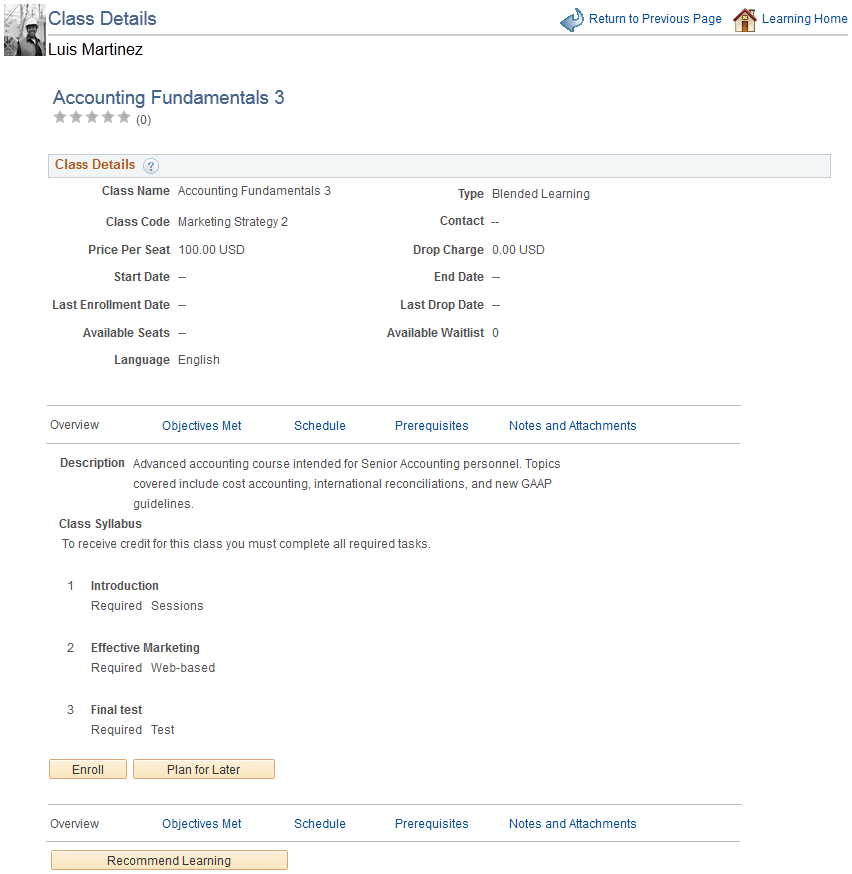 Class Details page