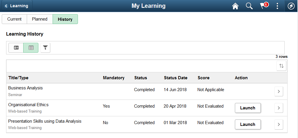 Grid view of the My Learning page: History tab