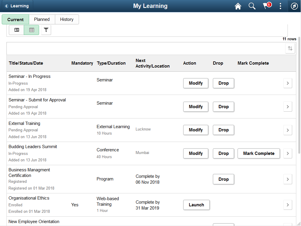 Grid view of the My Learning page: Current tab