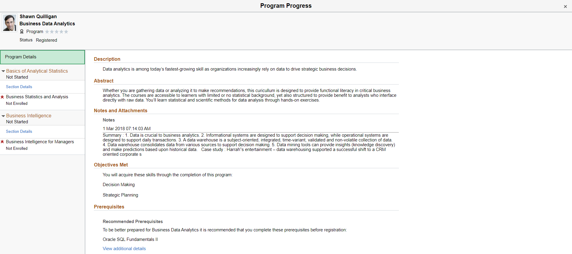 Learning Details - Program Progress