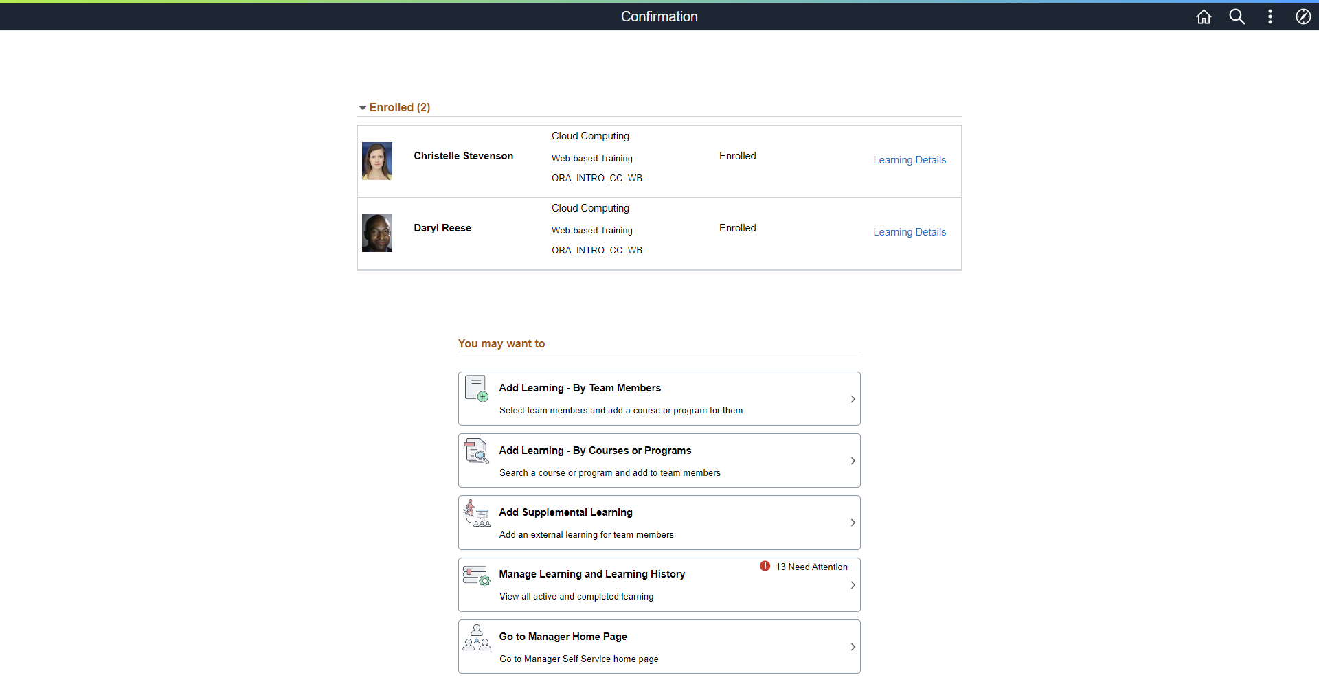 Confirmation screen for course (enrolled)