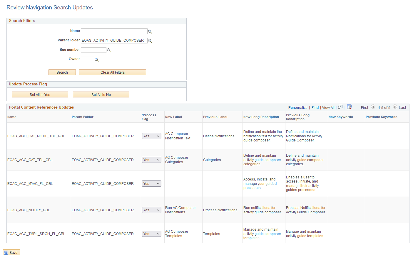 Review Navigation Search Updates page