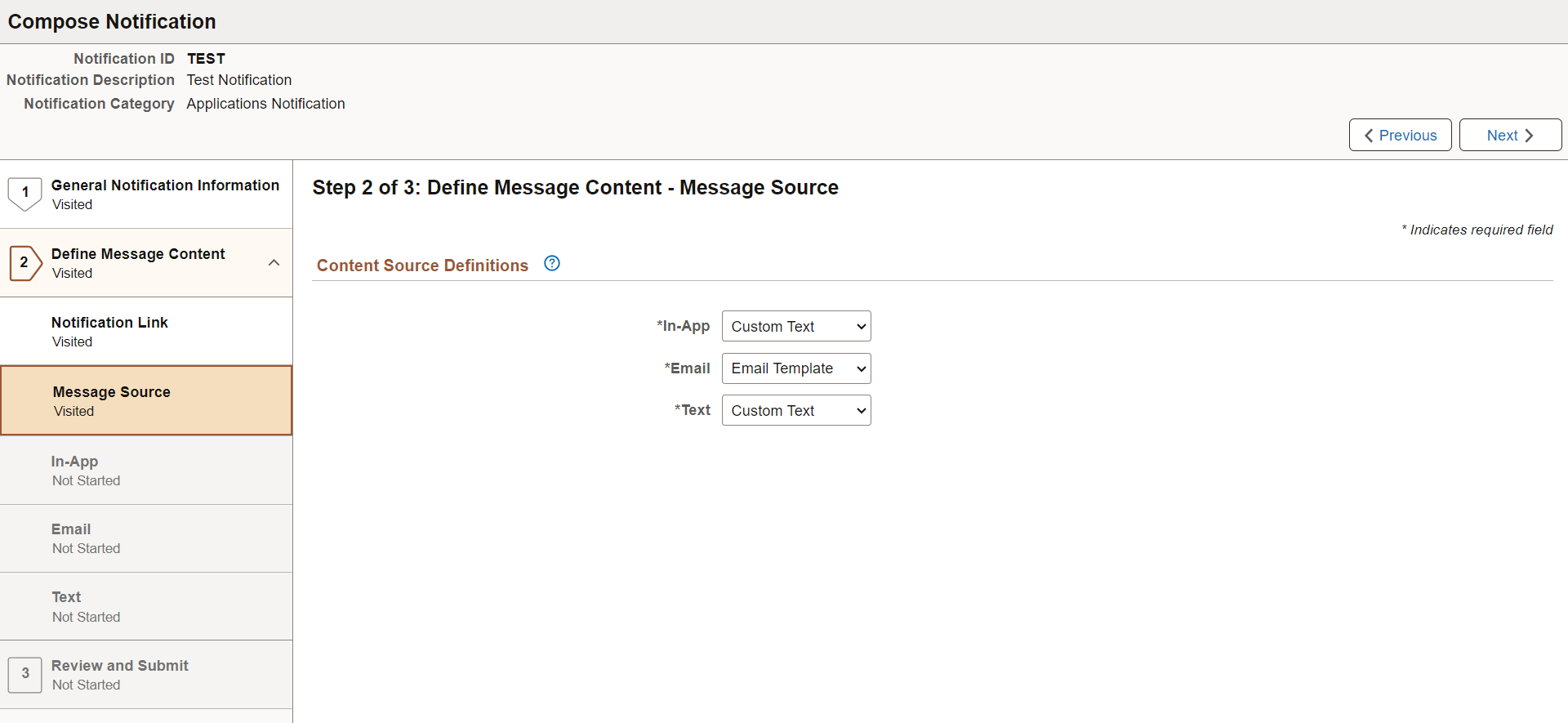 Define Message Content - Message Source page