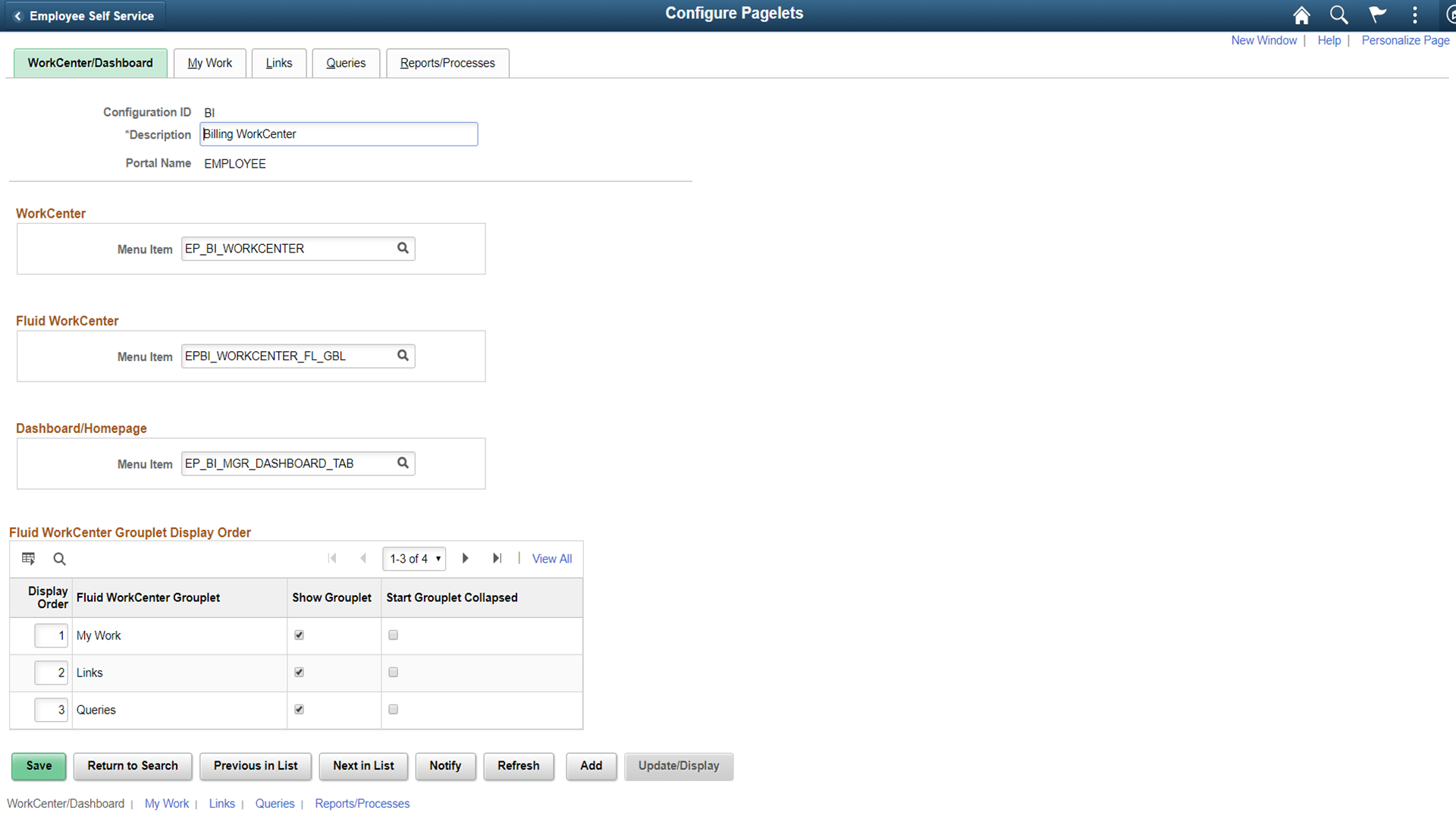 Configure Pagelets - WorkCenter/Dashboard page
