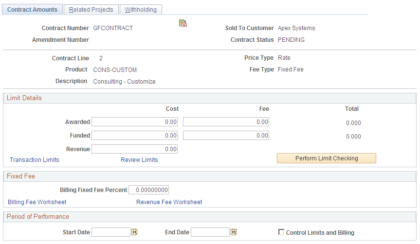 Contract Amounts page (fixed fee type)