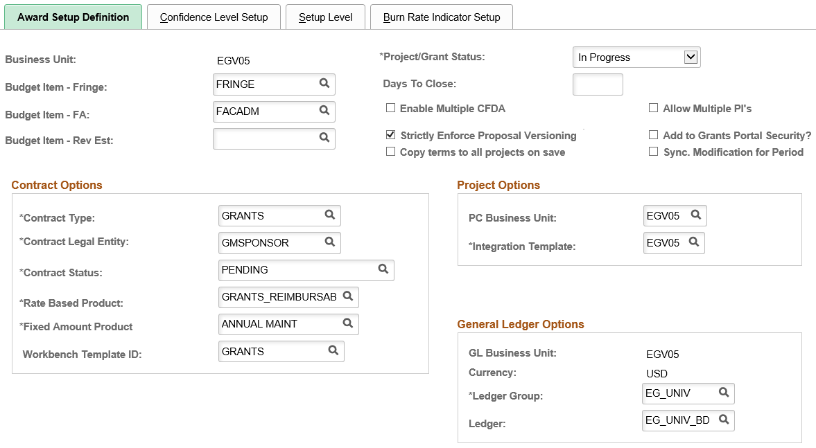 Award Setup Definition Page (1 of 2)