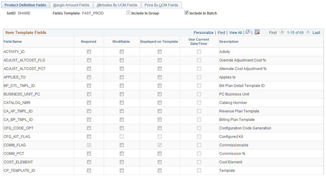 Product Definition Fields page