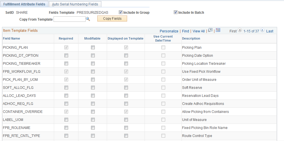 Fulfillment Attribute Fields page within the Inventory Fulfillment Field Group