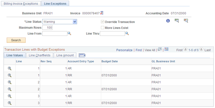 Line Exceptions Page