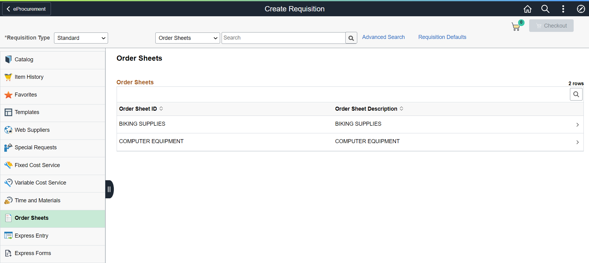 Order Sheets - Create Requisitions page