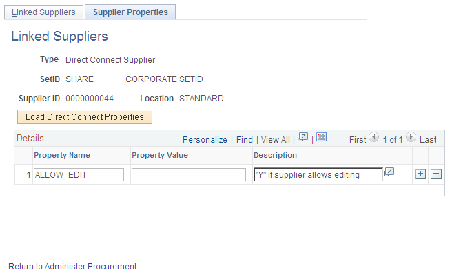 Supplier Properties page