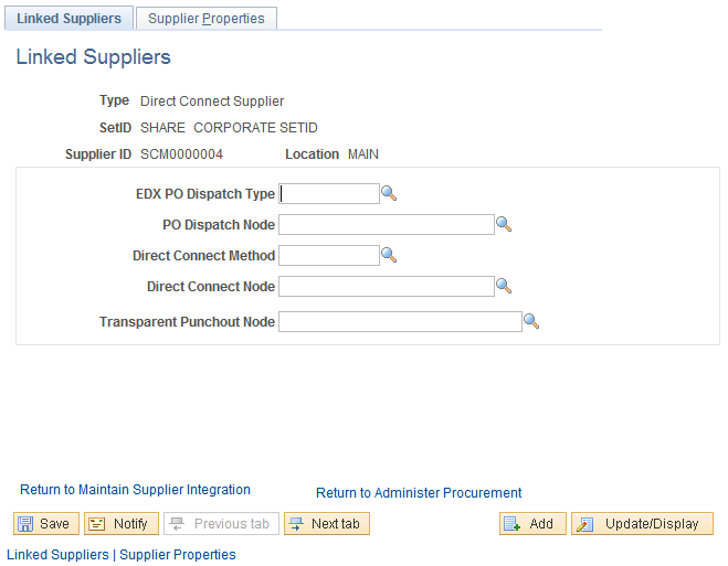 Linked Suppliers page for Transparent Punchout