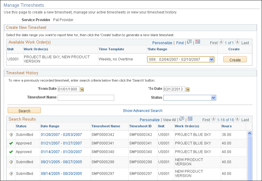 Manage Timesheets page