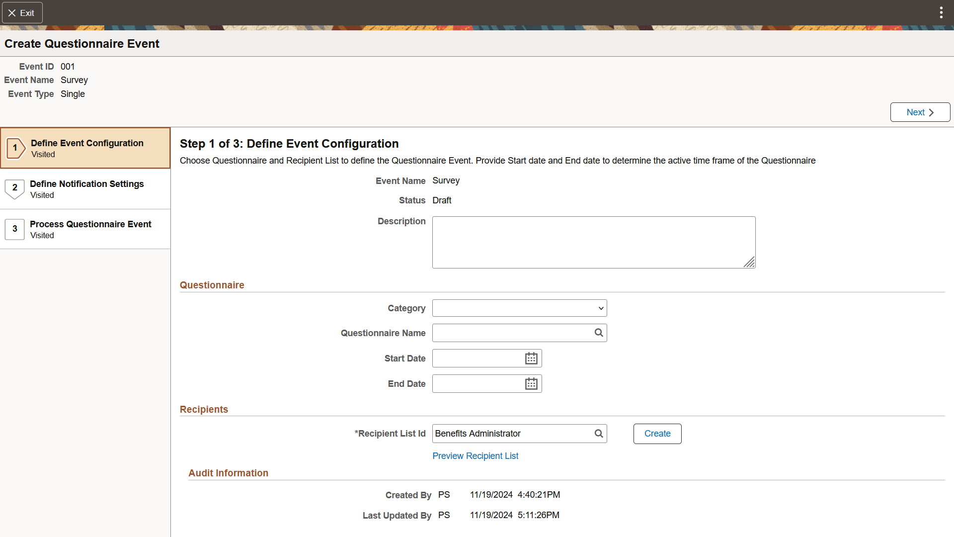 Define Event Configuration page (Single event type)