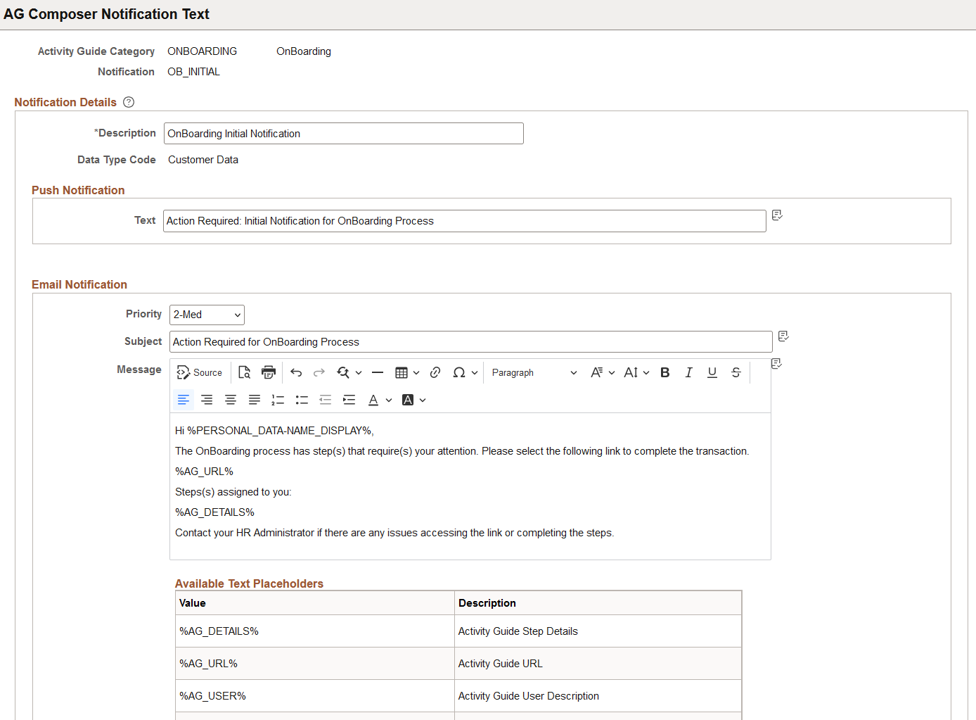 AG Composer Notification Text page