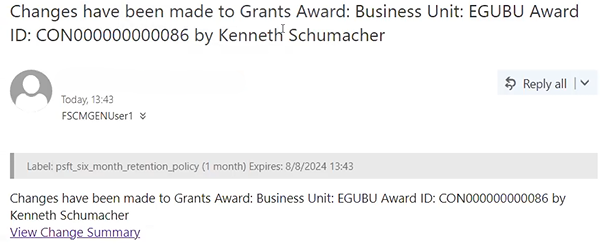 Example: FSCM notification email for Grants Award