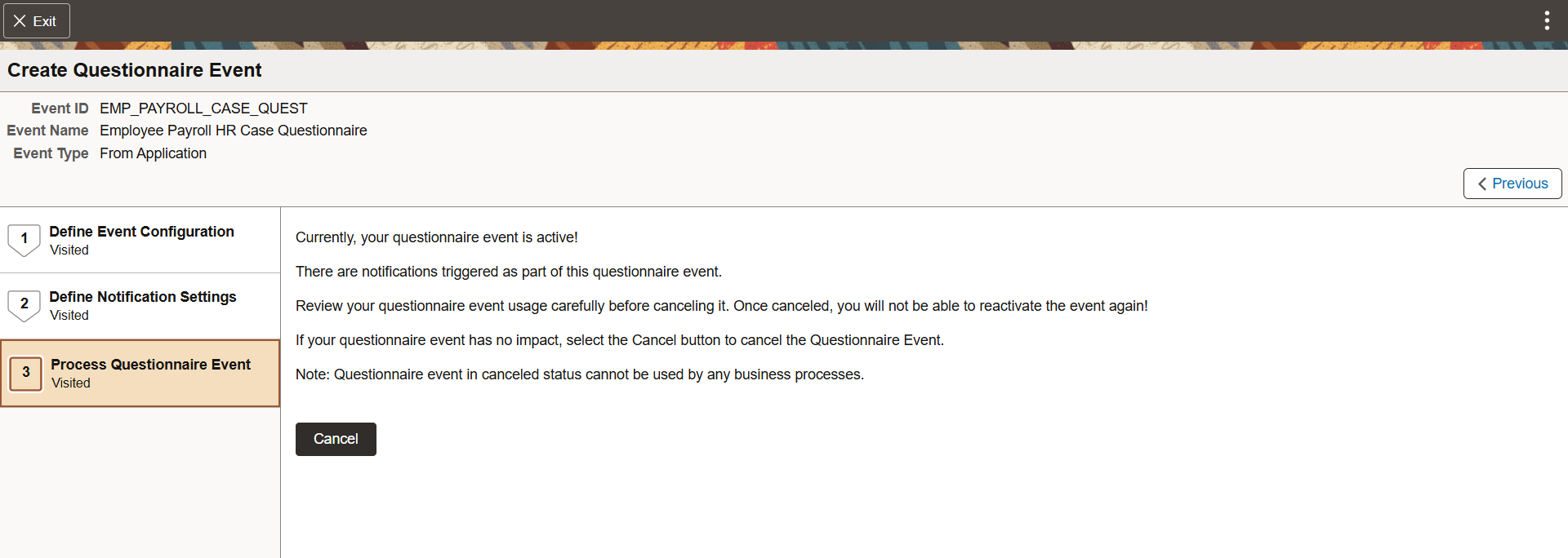 Process Questionnaire Event page after activation