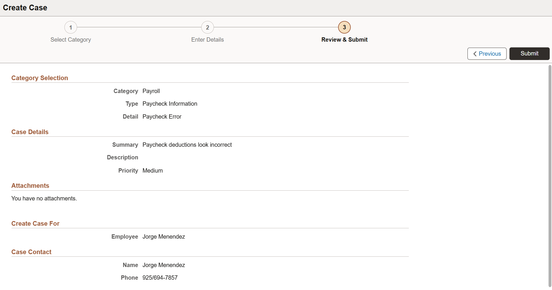 Create a HR HelpDesk case on the Create Case page