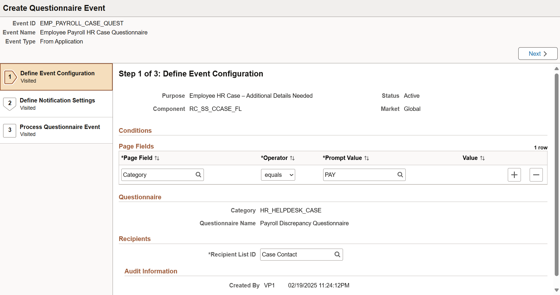 Define Event Configuration page