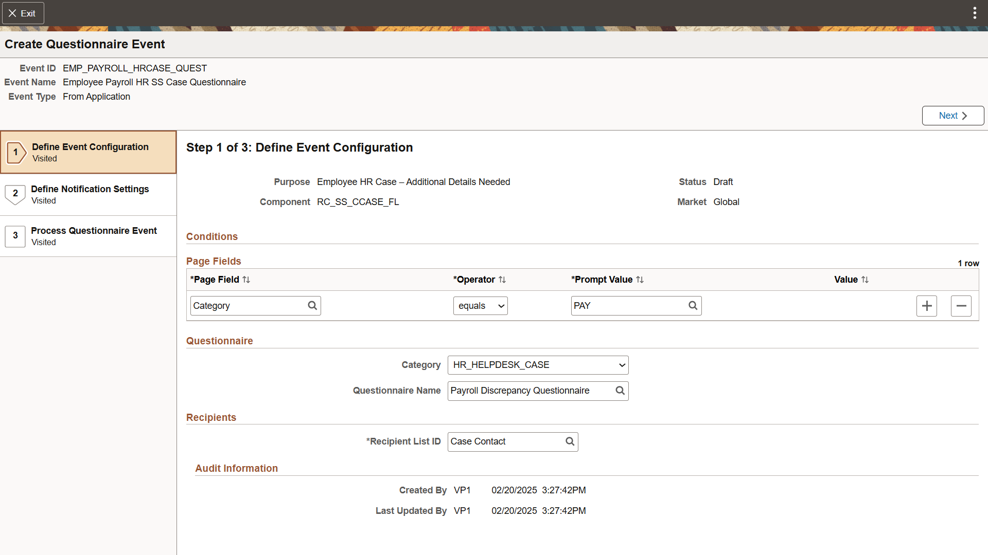 Define Event Configuration page (From Application event type)