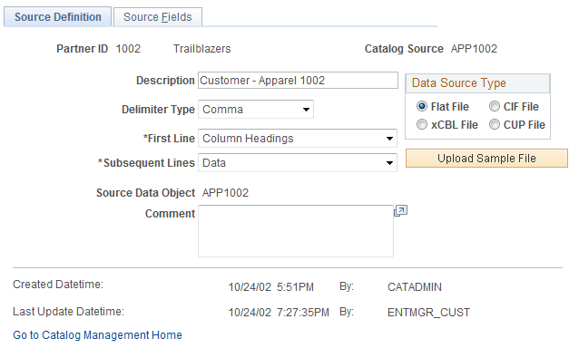 Maintain Catalog Sources - Source Definition page